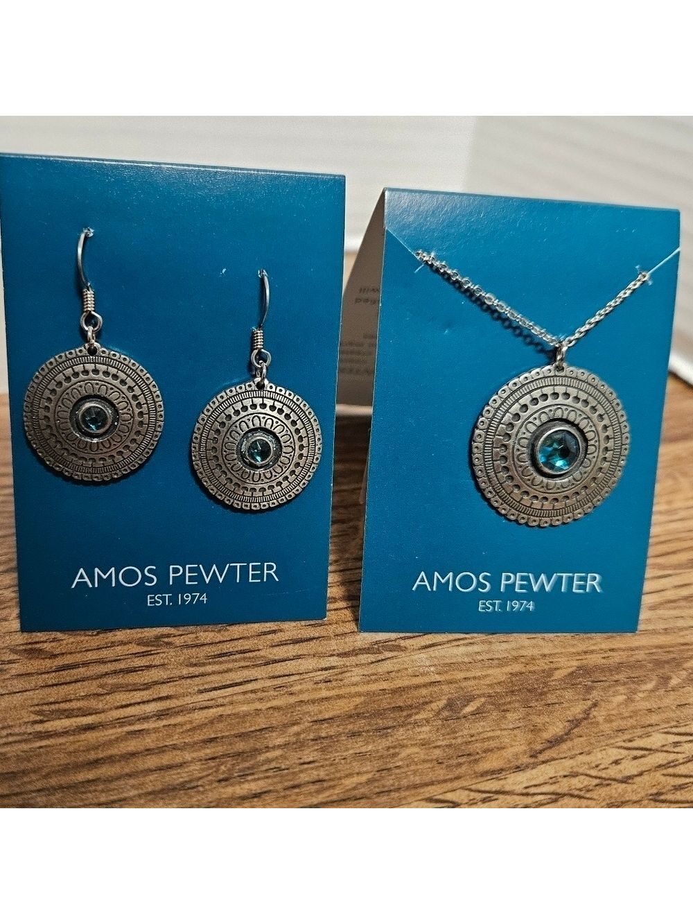 Amos Pewter Pierced Earrings & Pendant Necklace with Teal Swarovski Crystals